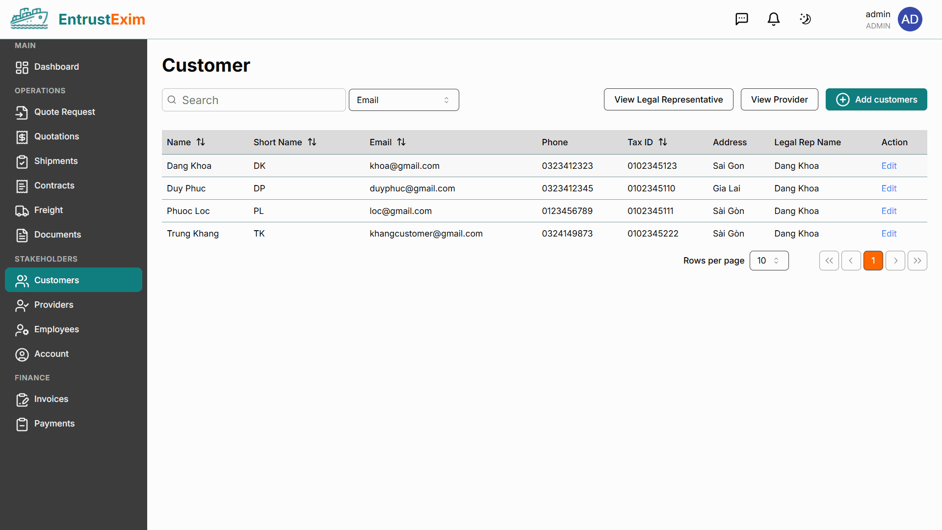 EntrustExim customer management screen