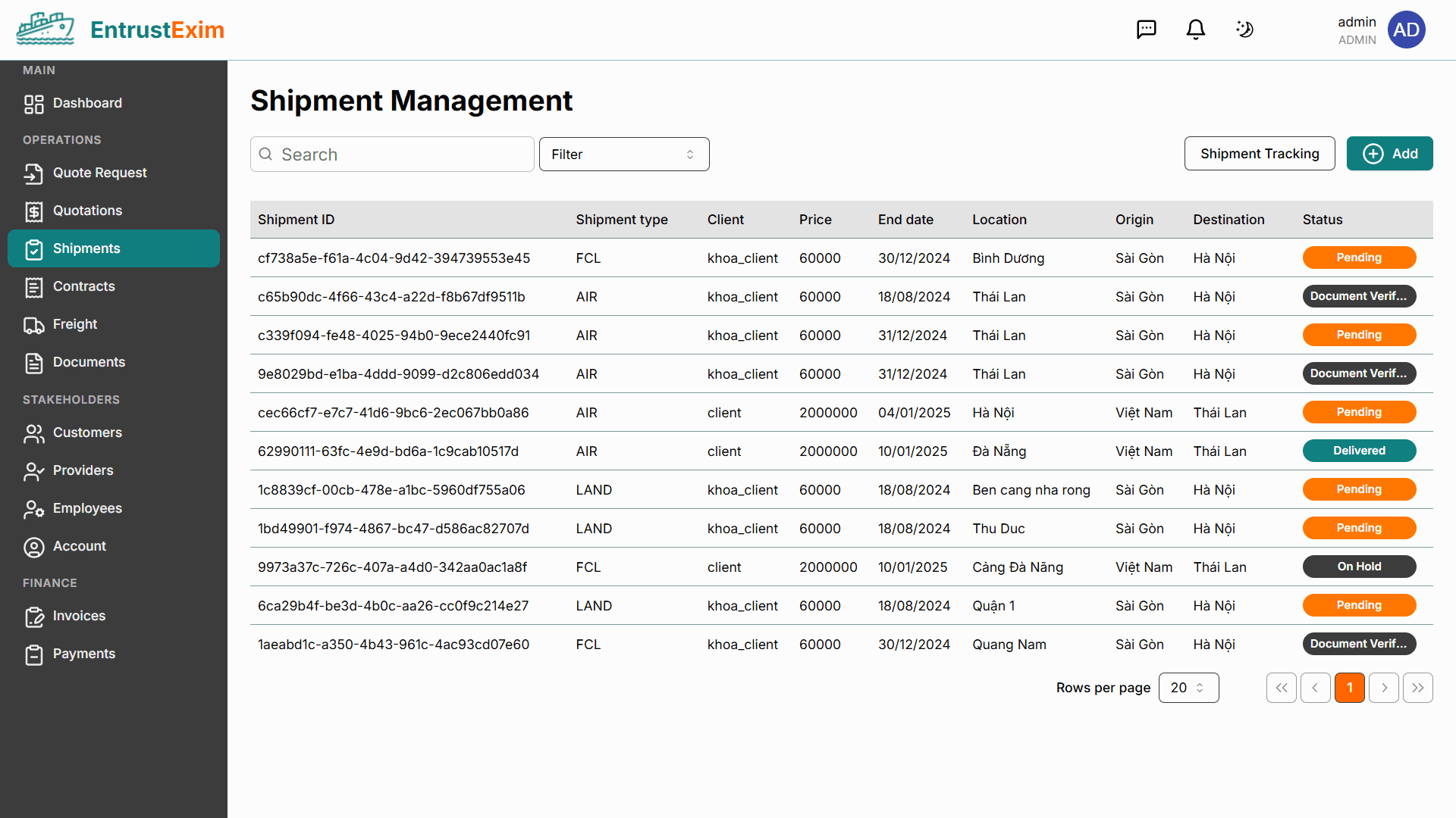EntrustExim shipment management screen