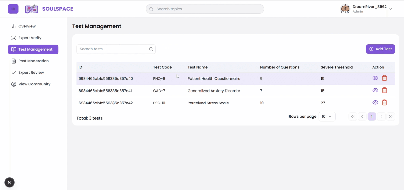 SoulSpace FE Admin testing screen